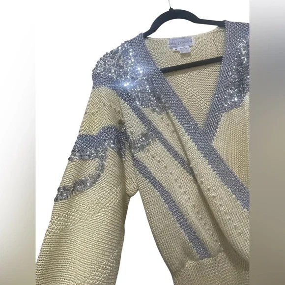Nannell Vintage 80s Yellow Knit Pearl Sequin Embellished Sweater Size Medium - Picture 3 of 5